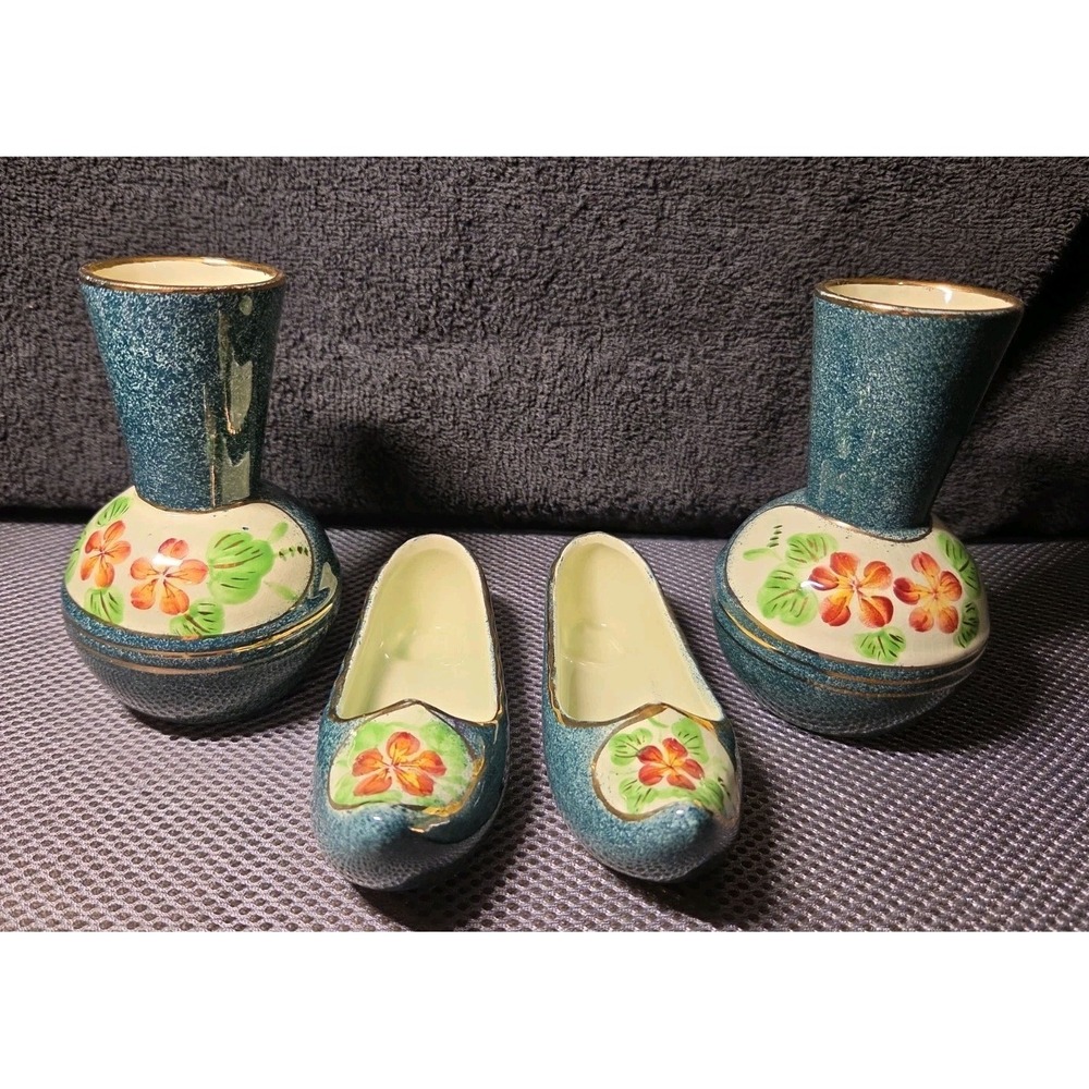 Vintage Longchamp France Capucines Pottery 4 Pc Set Shoes Vases Hand Painted